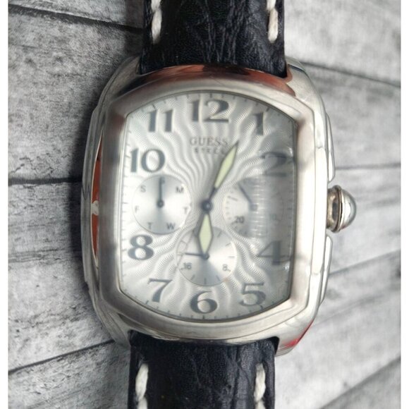 Guess Silver Steel Day Date 24 Hour Watch Black Leather Embroidered Band Square - Picture 1 of 11